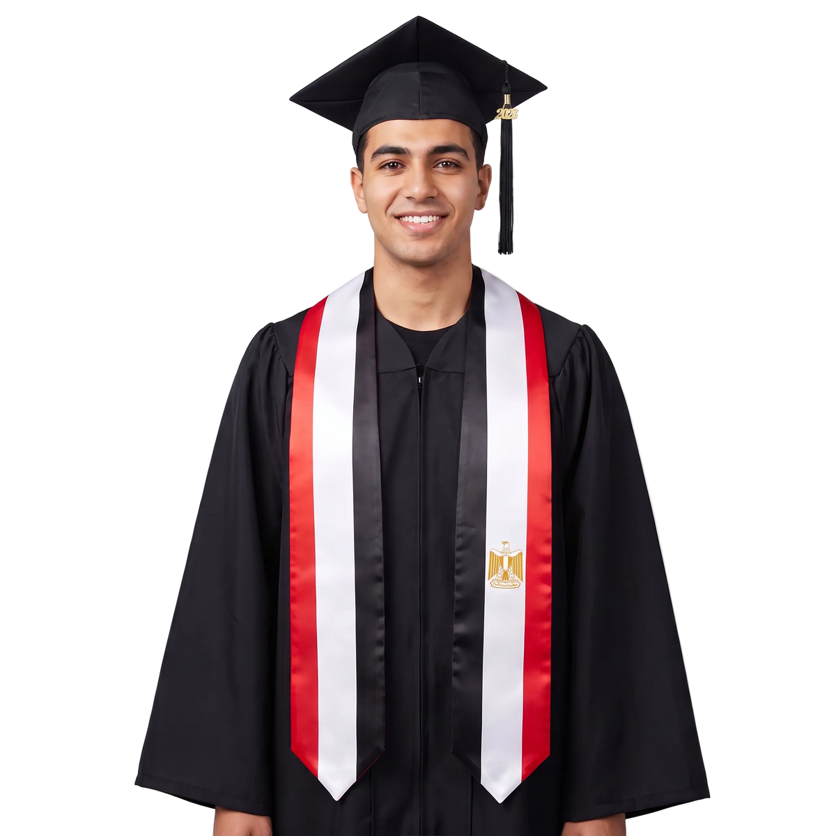 Egypt graduation stole with Egyptian flag design, graduation sash worn over a graduation gown