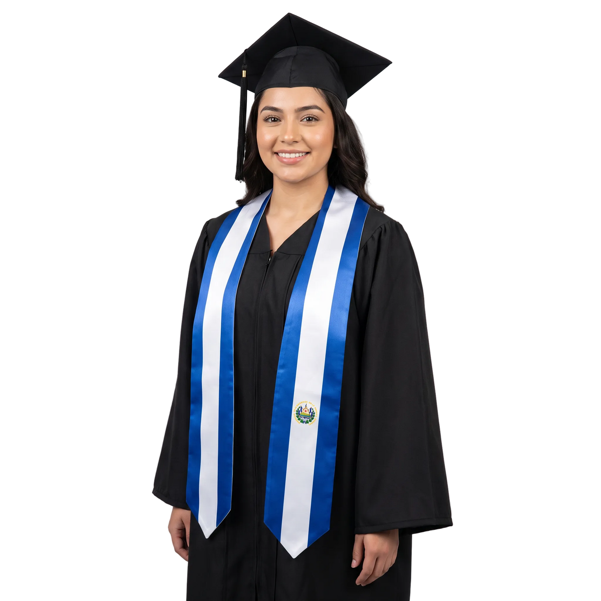 El Salvador graduation stole with Salvadoran flag design, graduation sash worn over a graduation gown