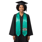 Emerald green graduation stole with “BLACK GRADS MATTER” lettering in a black and white rectangular design outlined in gold on one side and pointed ends.
