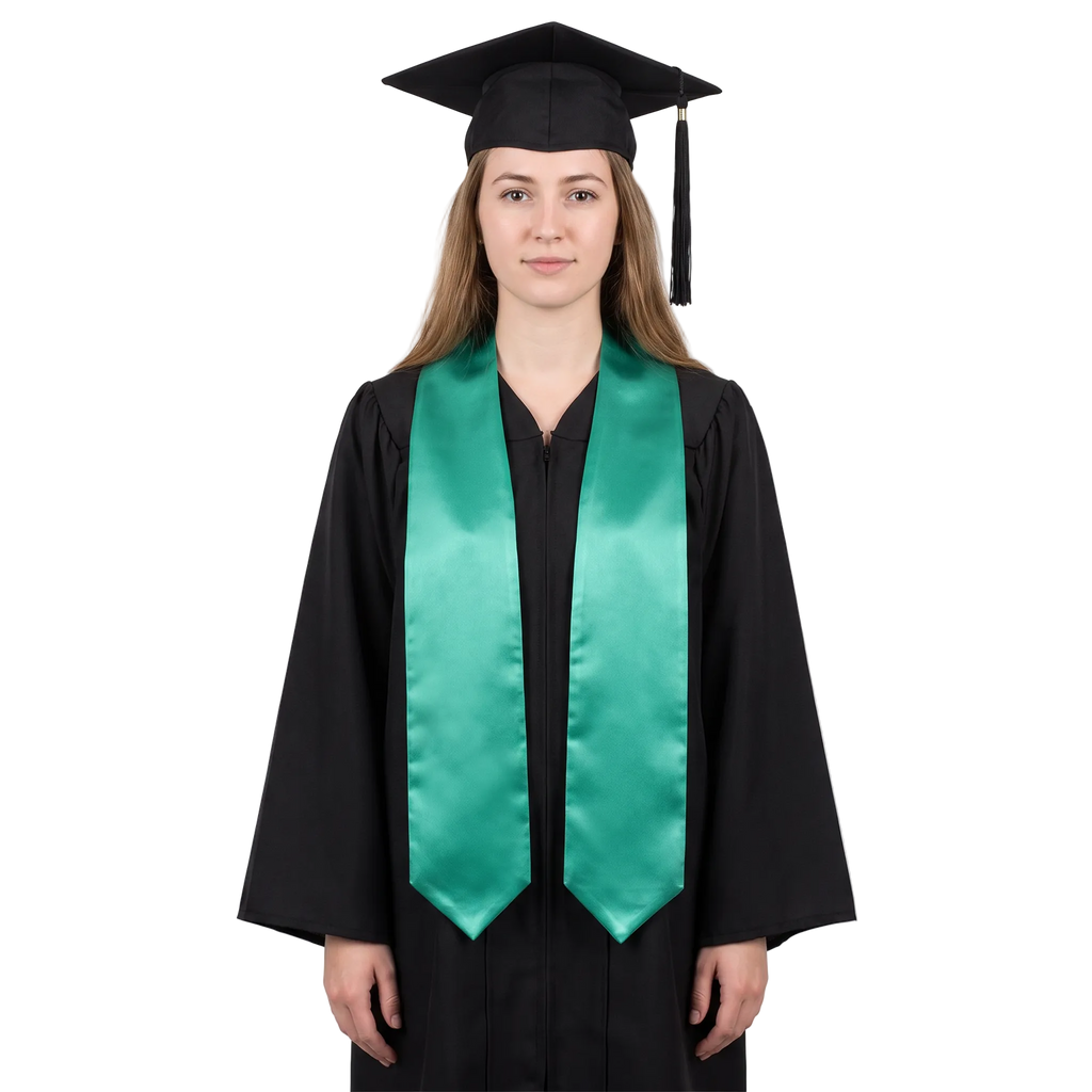 Plain emerald green university and college graduation stole with pointed ends displayed on a wooden hanger against a white background.
