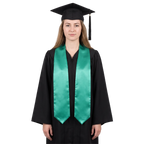 Plain emerald green university and college graduation stole with pointed ends displayed on a wooden hanger against a white background.
