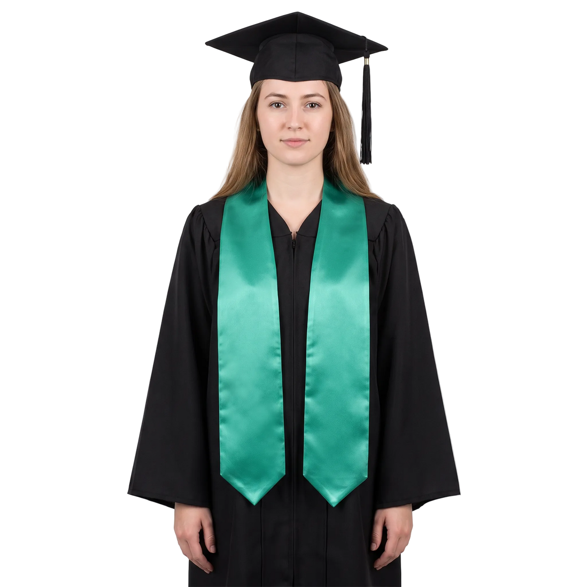 Plain emerald green university and college graduation stole with pointed ends displayed on a wooden hanger against a white background.
