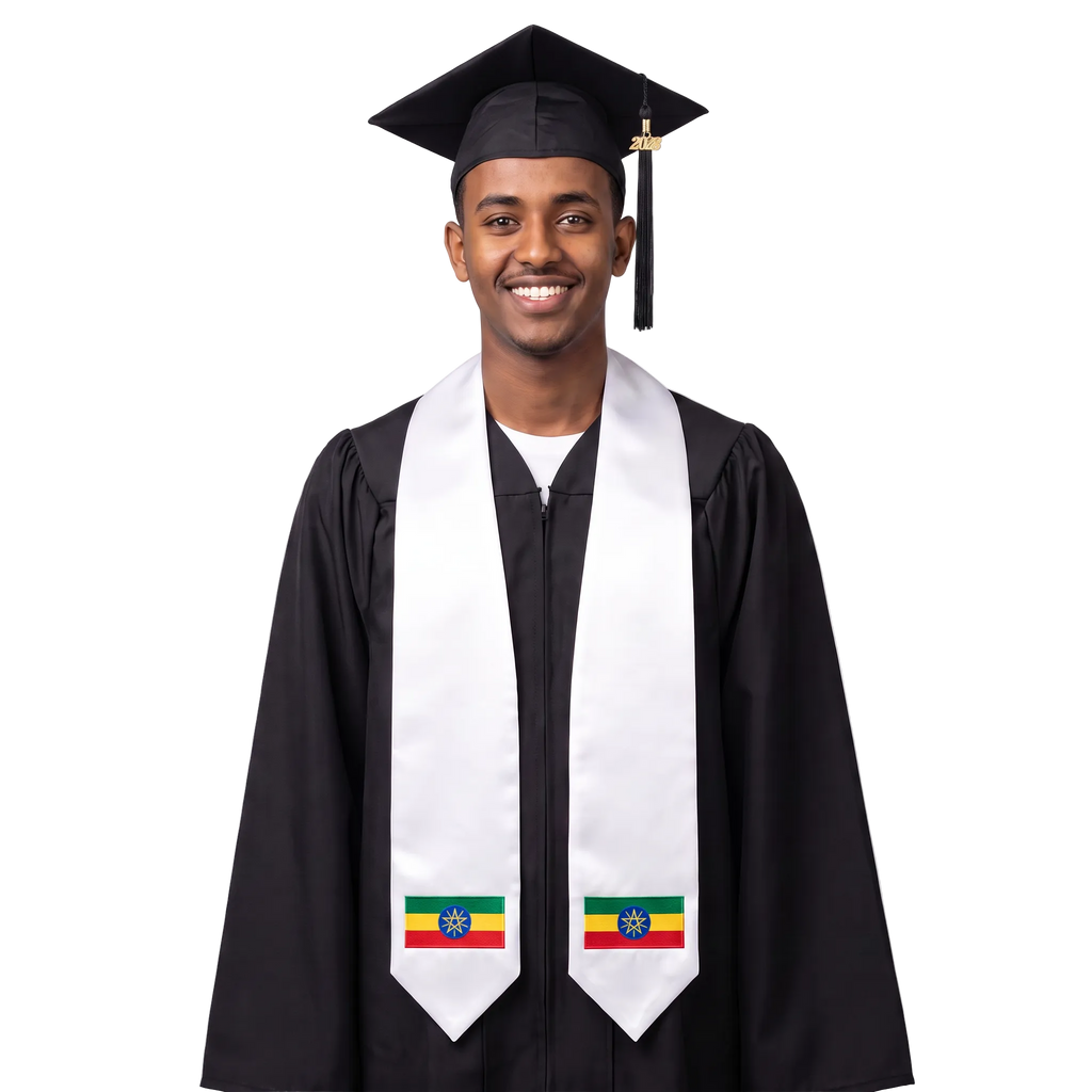 Ethiopia embroidered flag patch graduation stole, Ethiopian flag patch sash worn over a graduation gown