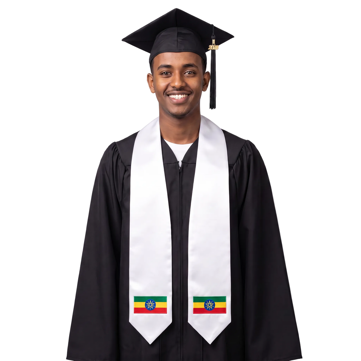 Ethiopia embroidered flag patch graduation stole, Ethiopian flag patch sash worn over a graduation gown