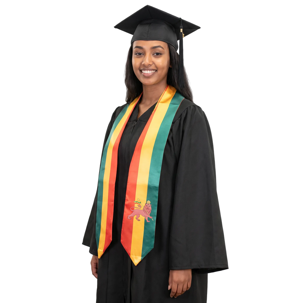 Ethiopia flag graduation stole with green, yellow, and red vertical stripes, a Lion of Judah emblem on one side, and pointed ends.
