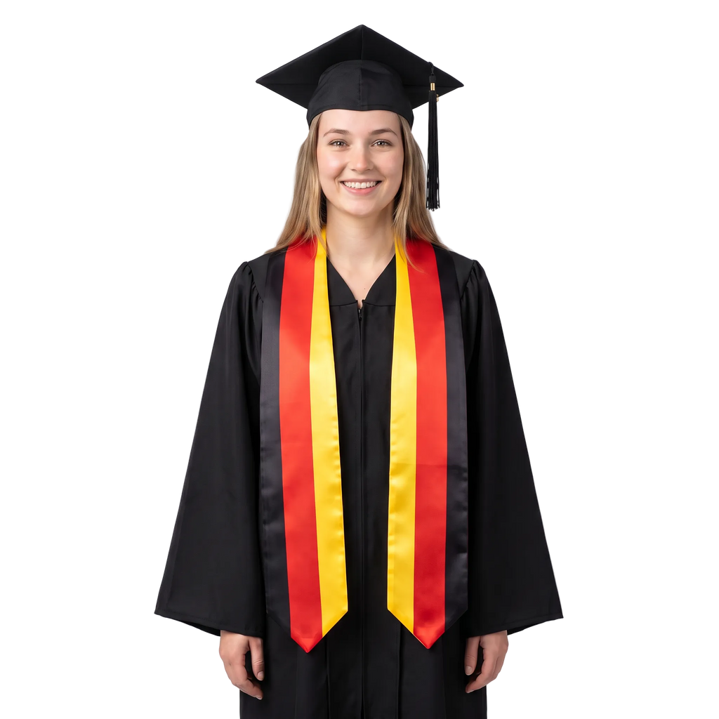 Germany flag graduation stole with black, red, and gold vertical stripes on both sides and pointed ends.
