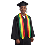 Ghana graduation stole with Ghanaian flag design, graduation sash worn over a graduation gown