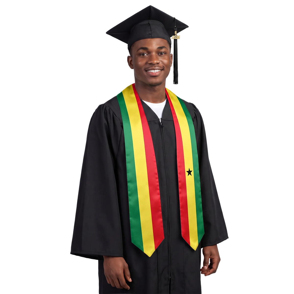 Ghana graduation stole with Ghanaian flag design, graduation sash worn over a graduation gown