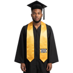 Gold graduation stole with “BLACK GRADS MATTER” lettering in a black and white rectangular design outlined in gold on one side and pointed ends.

