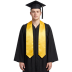 Plain gold graduation stole with pointed ends displayed on a wooden hanger against a white background.
