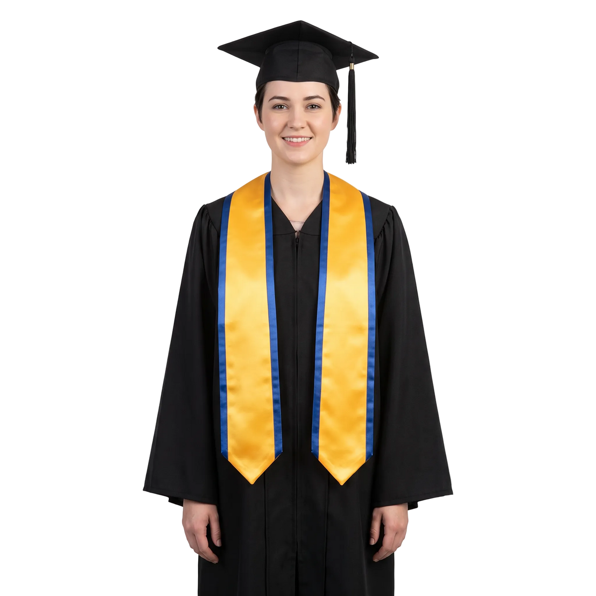 Gold graduation stole with royal blue trim along the edges and pointed ends, shown in a front view.
