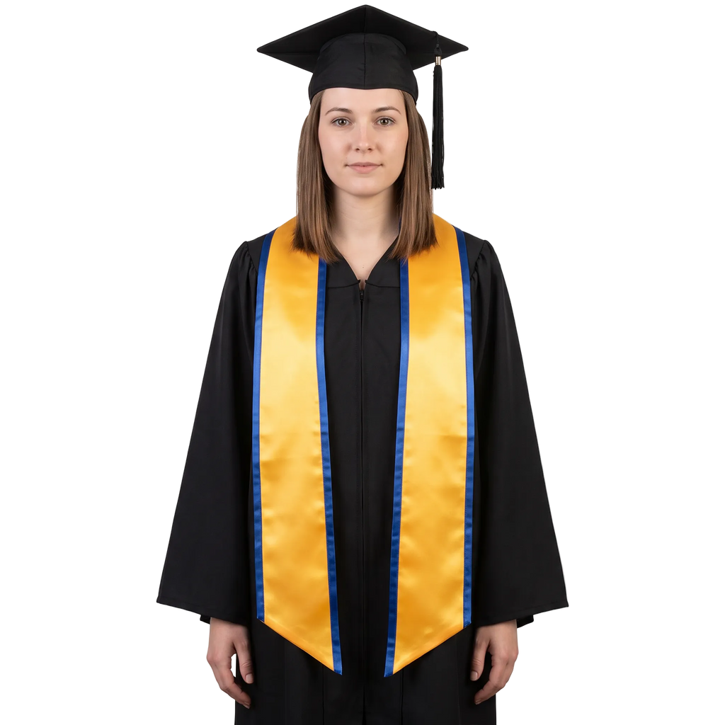 Gold graduation stole with royal blue trim along the edges and slanted ends, shown in a front view.
