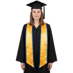 Gold graduation stole with royal blue trim along the edges and slanted ends, shown in a front view.
