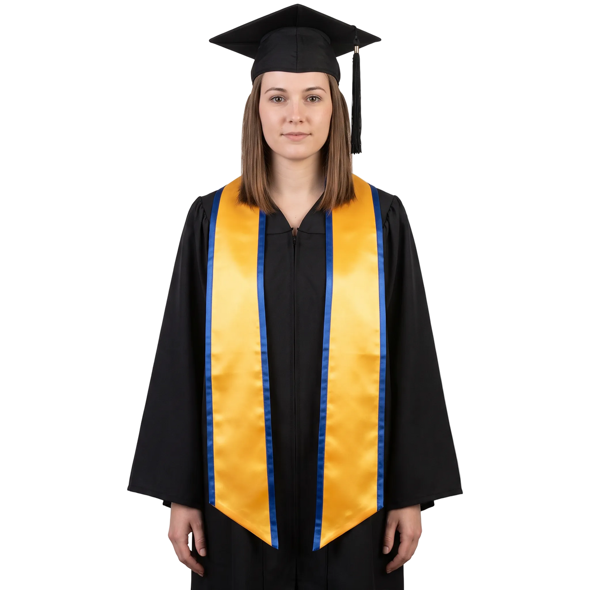 Gold graduation stole with royal blue trim along the edges and slanted ends, shown in a front view.
