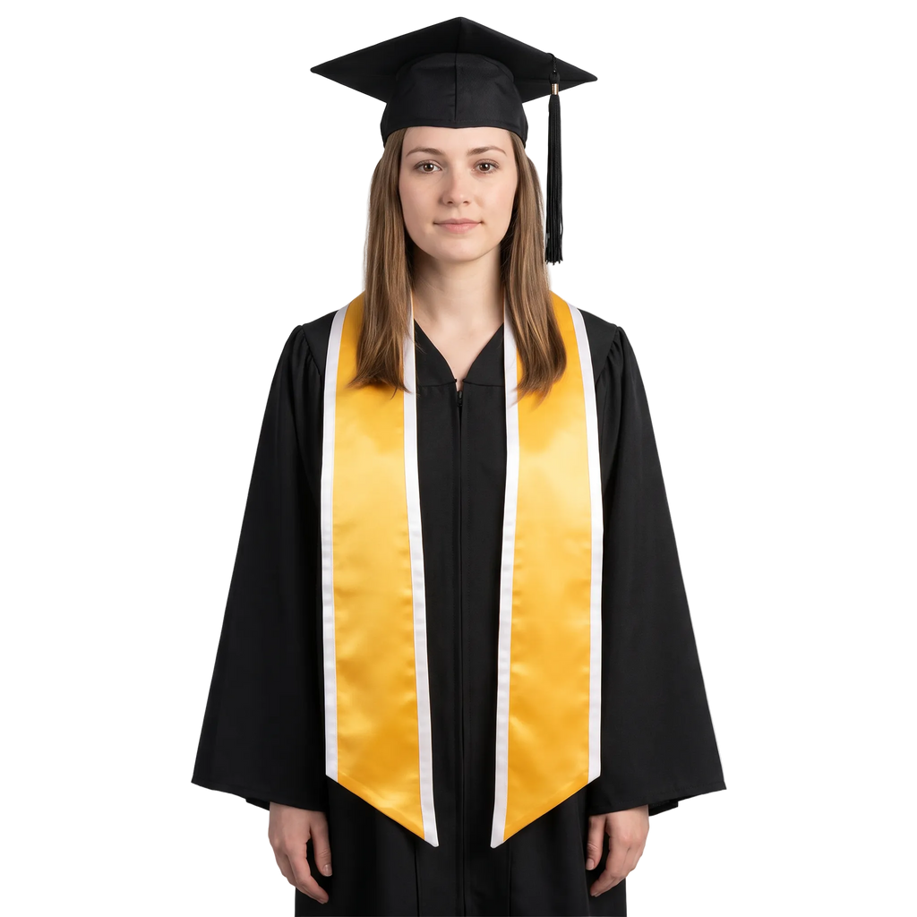 Gold graduation stole with white trim along the edges and slanted ends, shown in a front view.

