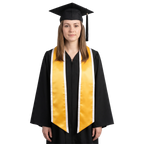 Gold graduation stole with white trim along the edges and slanted ends, shown in a front view.
