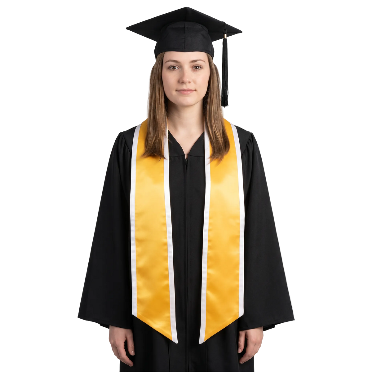 Gold graduation stole with white trim along the edges and slanted ends, shown in a front view.
