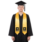 Graduate wearing a gold U.S. Army graduation stole with Army star logos and “U.S. ARMY” lettering on both sides and pointed ends over a black graduation gown.
