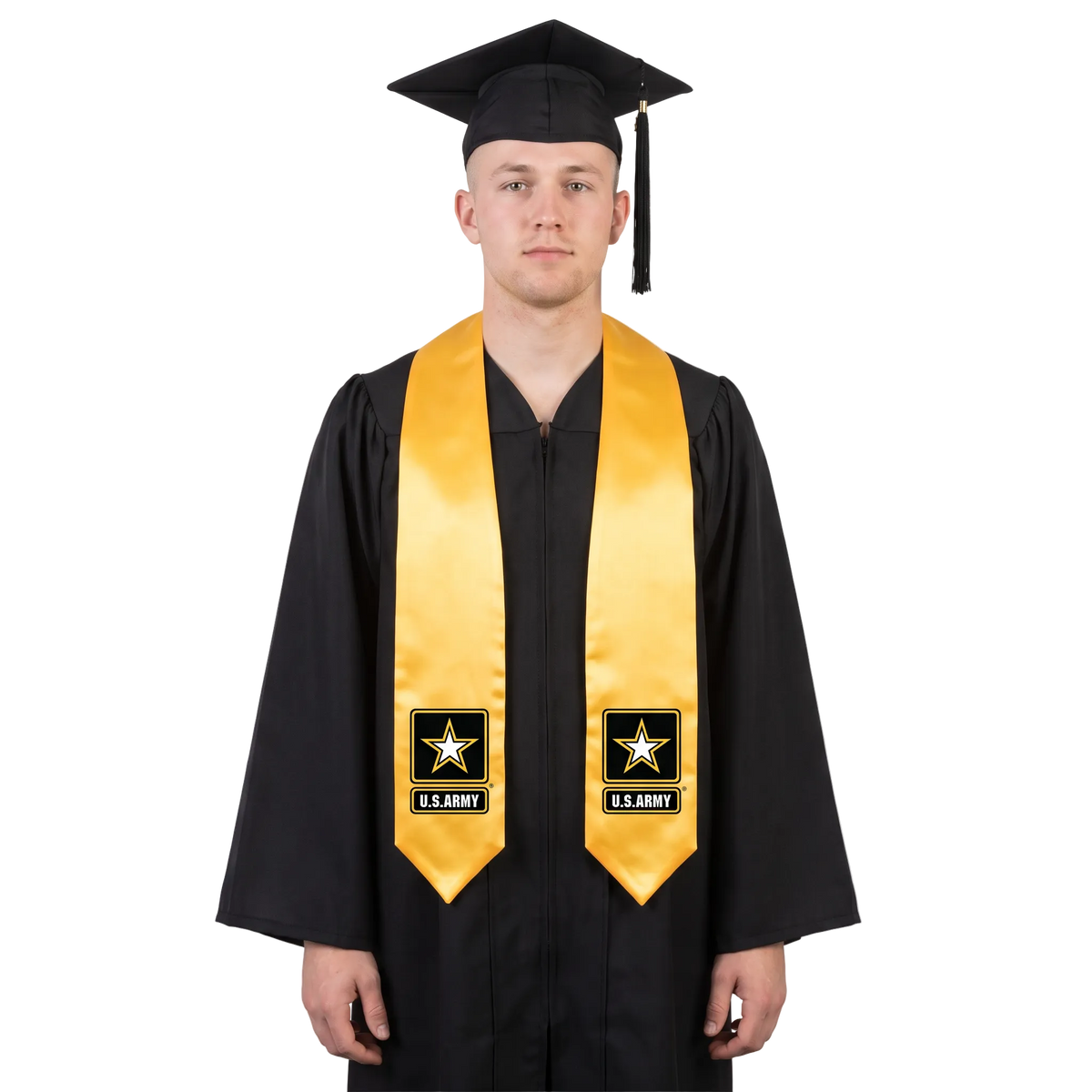 Graduate wearing a gold U.S. Army graduation stole with Army star logos and “U.S. ARMY” lettering on both sides and pointed ends over a black graduation gown.
