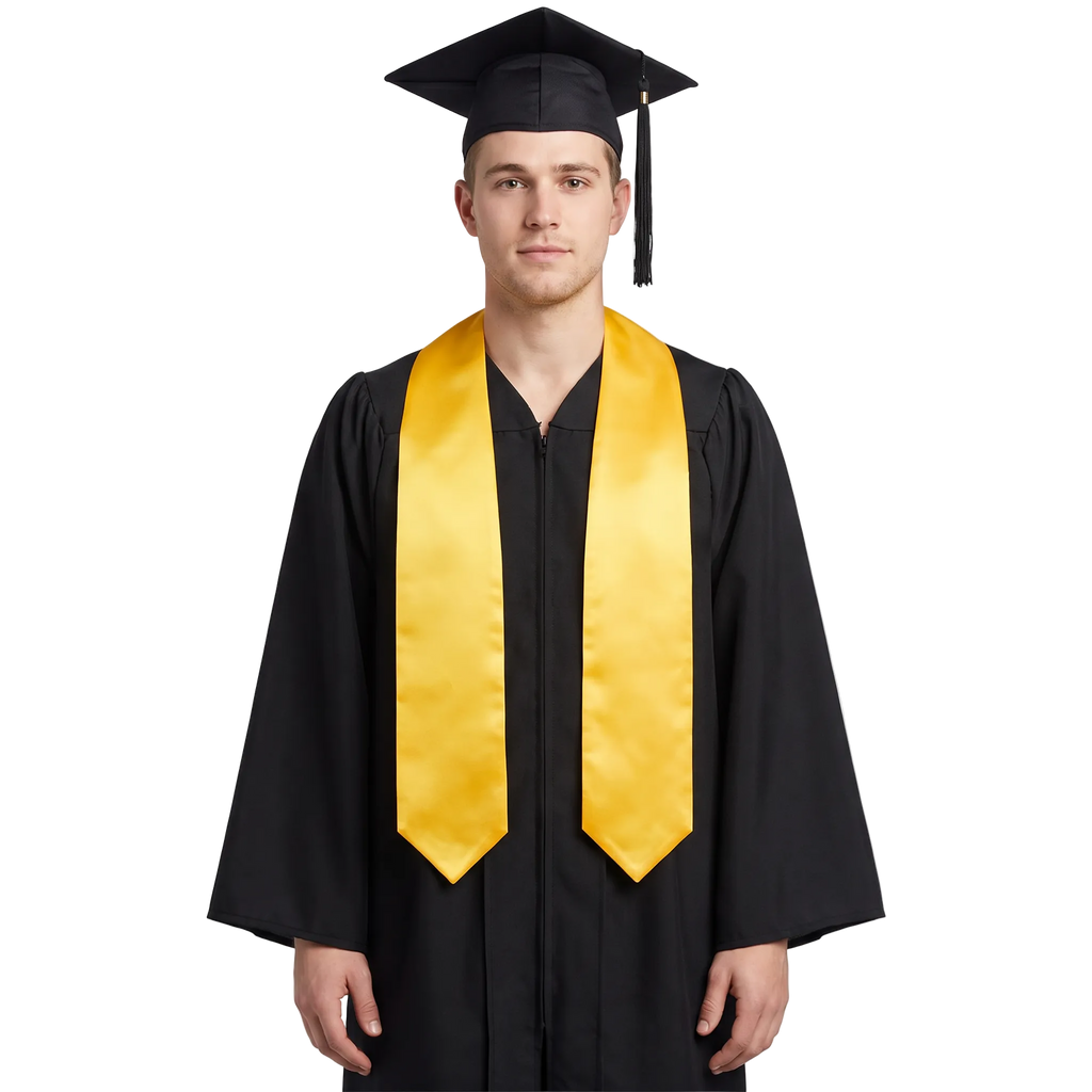 Graduate wearing a plain gold university and college graduation stole with pointed ends over a black graduation gown.
