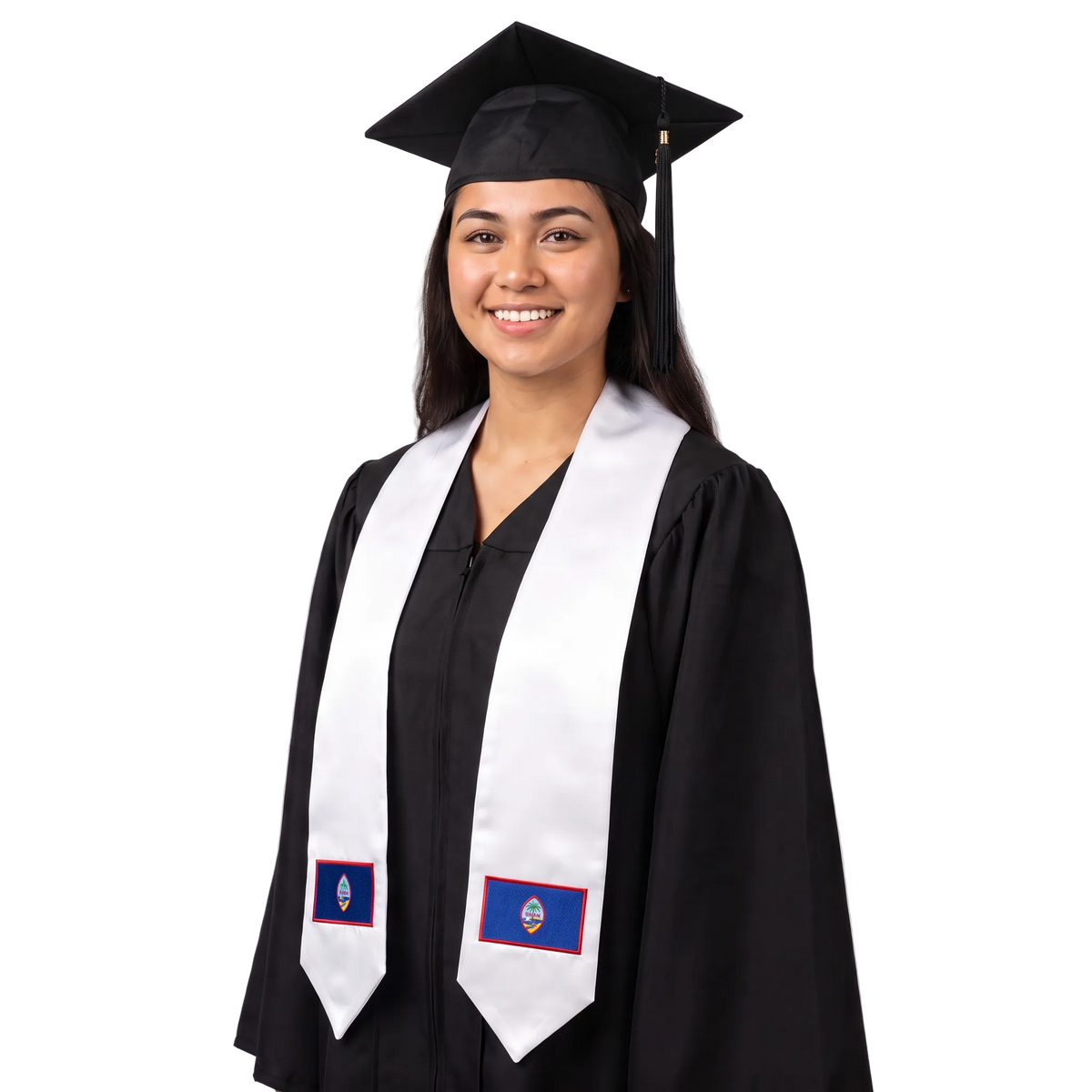 White graduation stole with embroidered Guam flag patches on both sides, featuring blue flags with red borders, the Guam seal, and pointed ends.
