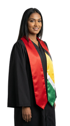 Guyana graduation stole with Guyanese flag design, graduation sash worn over a graduation gown