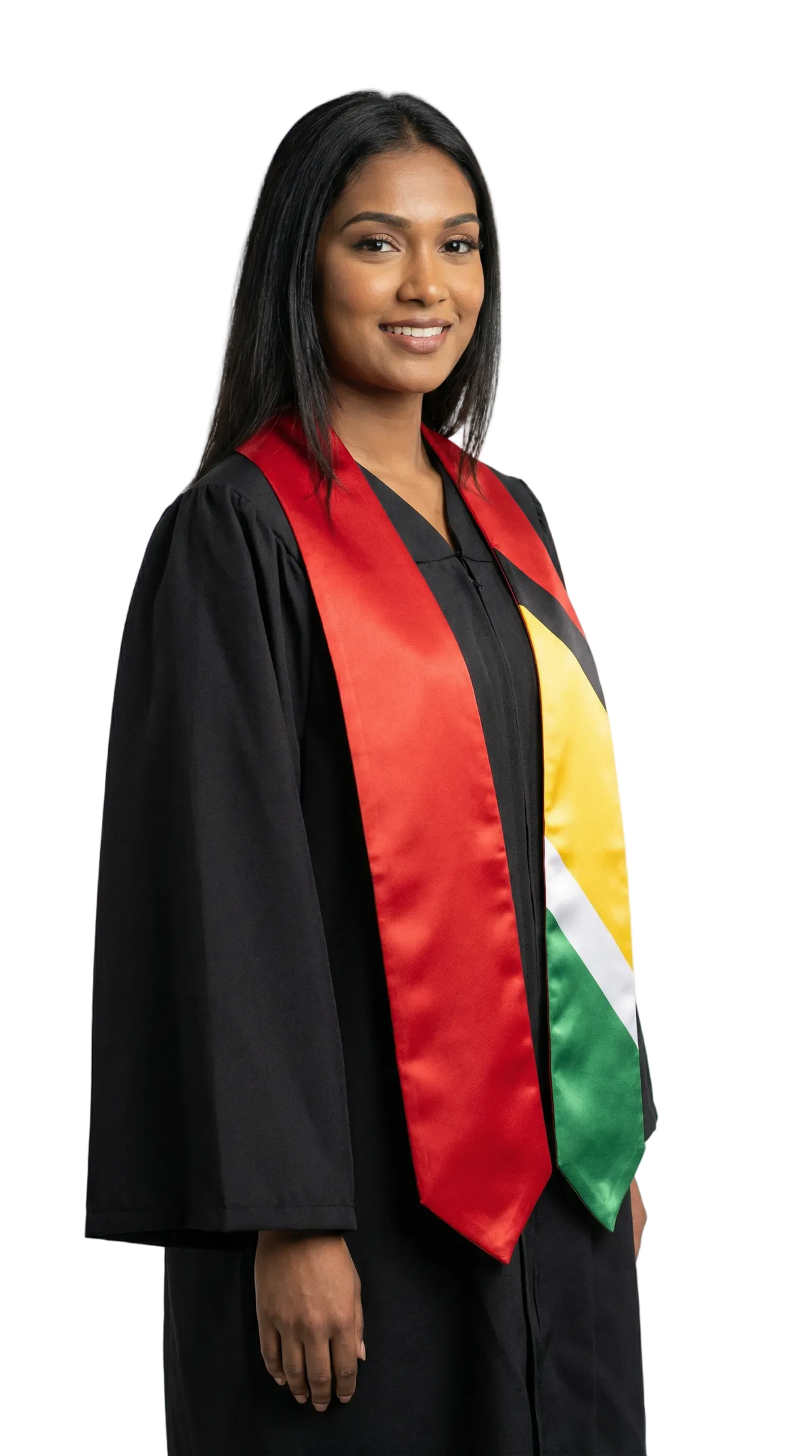 Guyana graduation stole with Guyanese flag design, graduation sash worn over a graduation gown