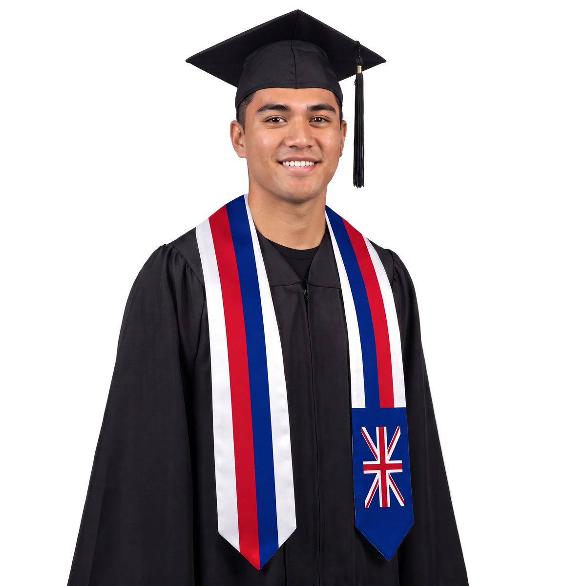 Hawaii flag graduation stole with red, white, and blue vertical stripes, a Union Jack design on one side, and pointed ends.

