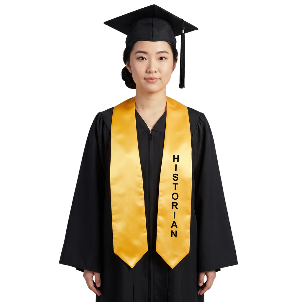 Gold Historian class officer graduation stole with black printed lettering and pointed ends