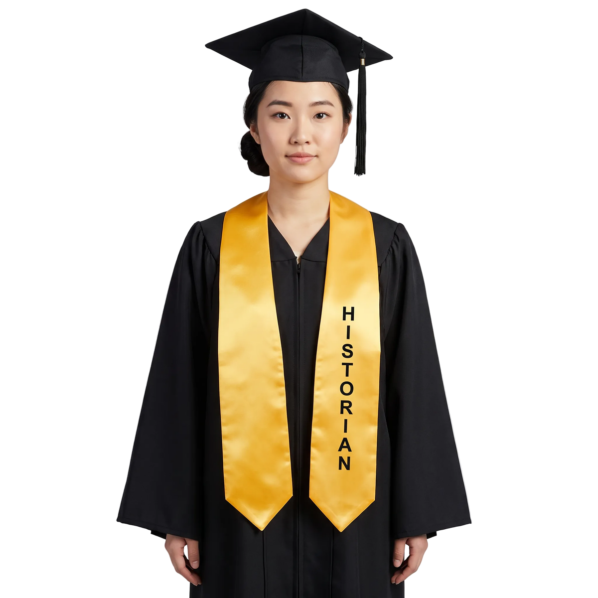Gold Historian class officer graduation stole with black printed lettering and pointed ends