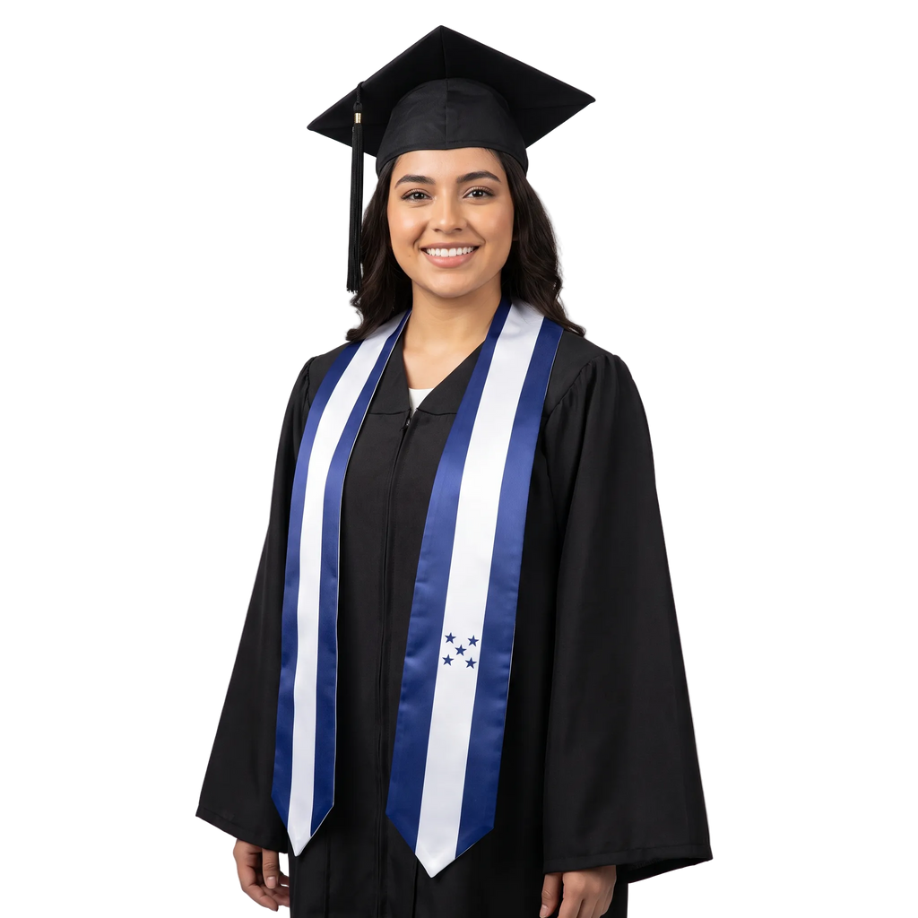 Honduras graduation stole with Honduran flag design, graduation sash worn over a graduation gown
