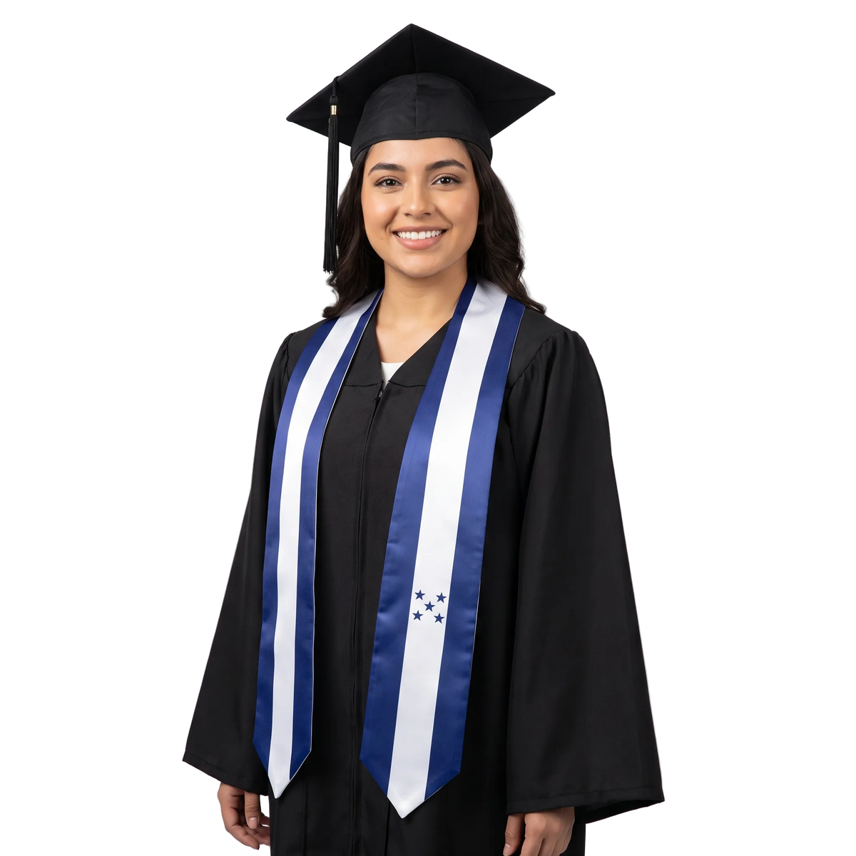Honduras graduation stole with Honduran flag design, graduation sash worn over a graduation gown