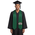 Hunter green graduation stole with “BLACK GRADS MATTER” lettering in a black and white rectangular design outlined in gold on one side and pointed ends.
