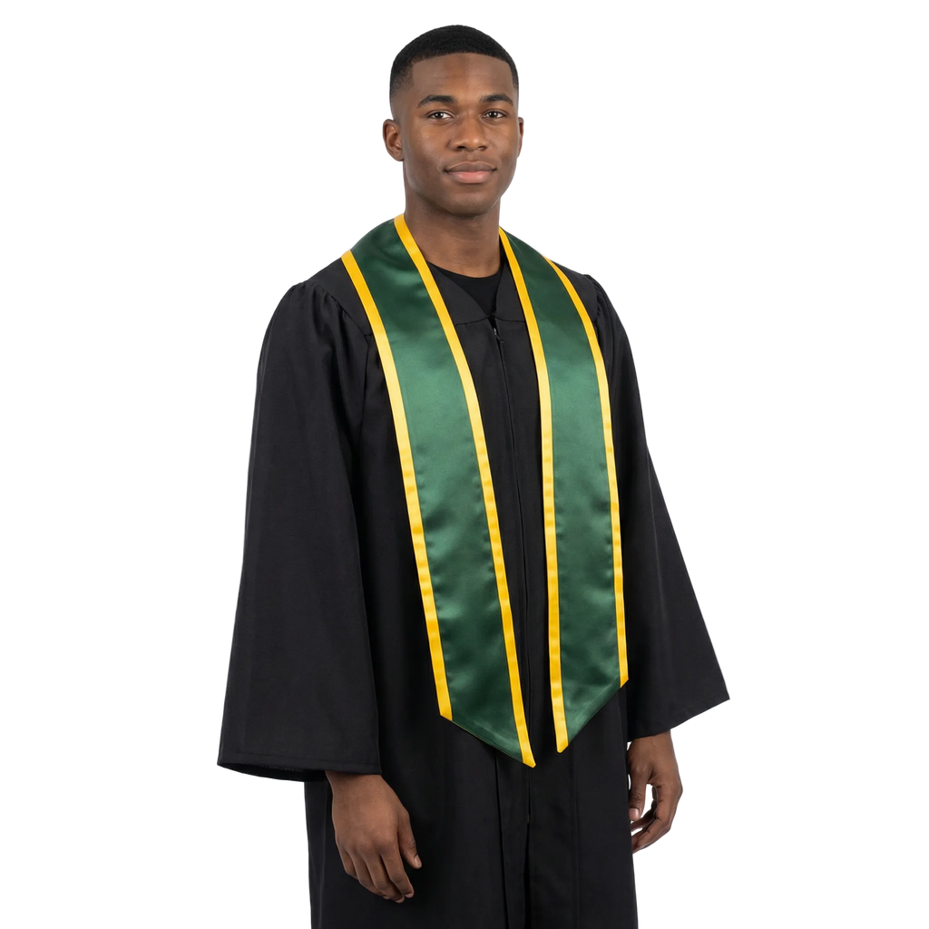 Hunter green graduation stole with gold trim along the edges and slanted ends, shown in a front view.