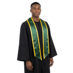 Hunter green graduation stole with gold trim along the edges and slanted ends, shown in a front view.