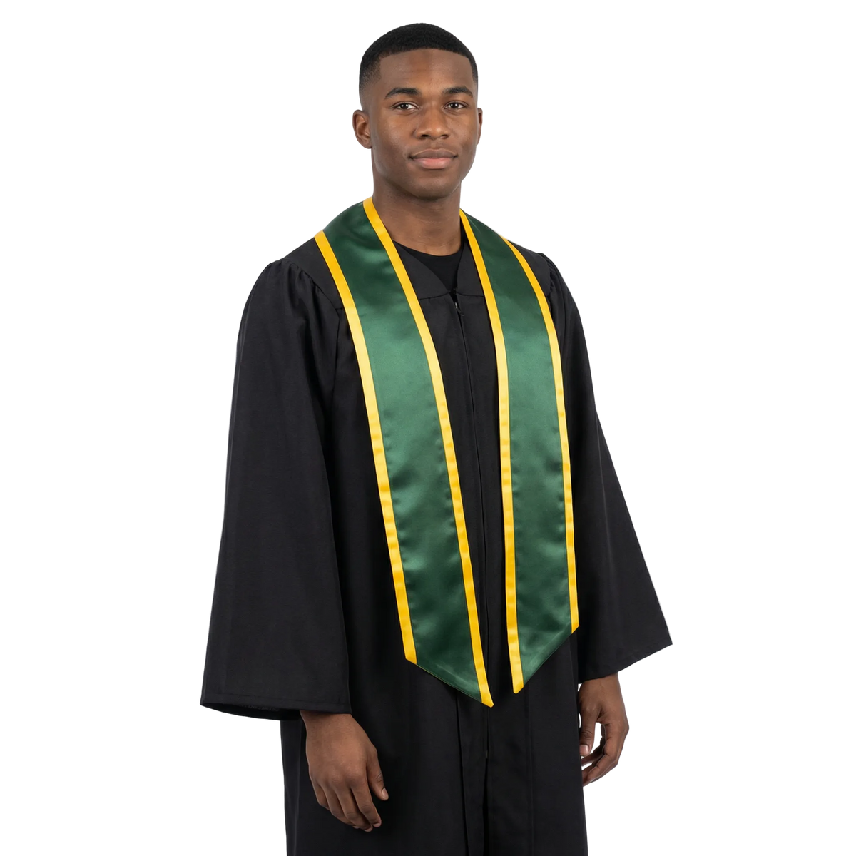 Hunter green graduation stole with gold trim along the edges and slanted ends, shown in a front view.