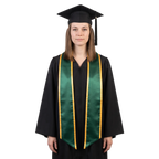 Graduate wearing a hunter green graduation stole with gold trim along the edges and slanted ends over a black graduation gown.
