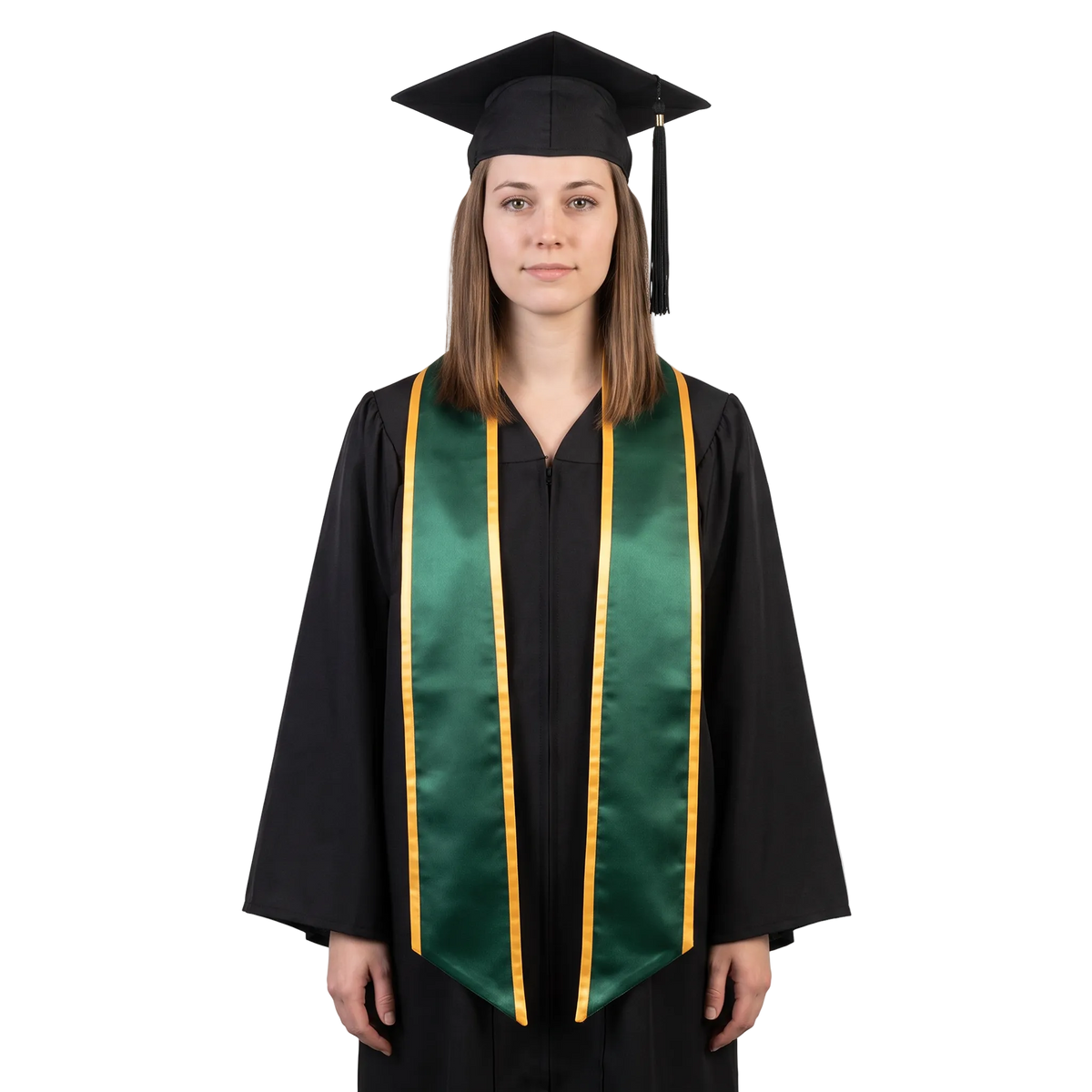 Graduate wearing a hunter green graduation stole with gold trim along the edges and slanted ends over a black graduation gown.

