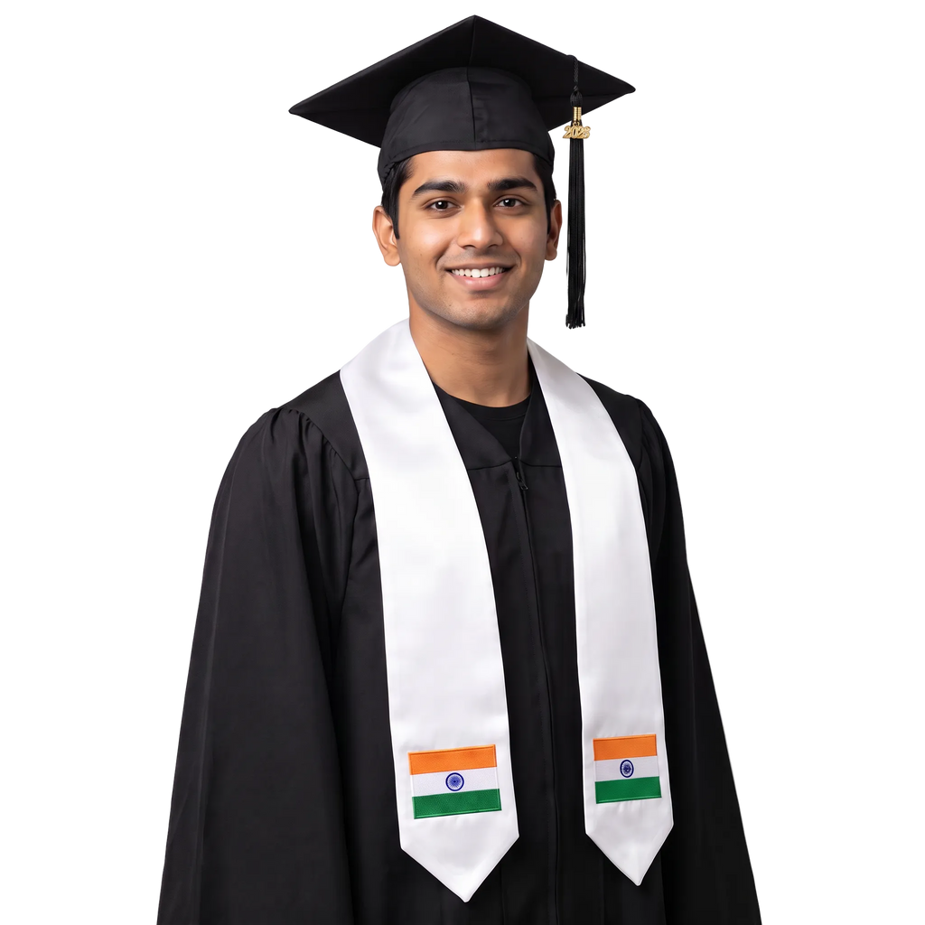 India embroidered flag patch graduation stole, Indian flag patch sash worn over a graduation gown