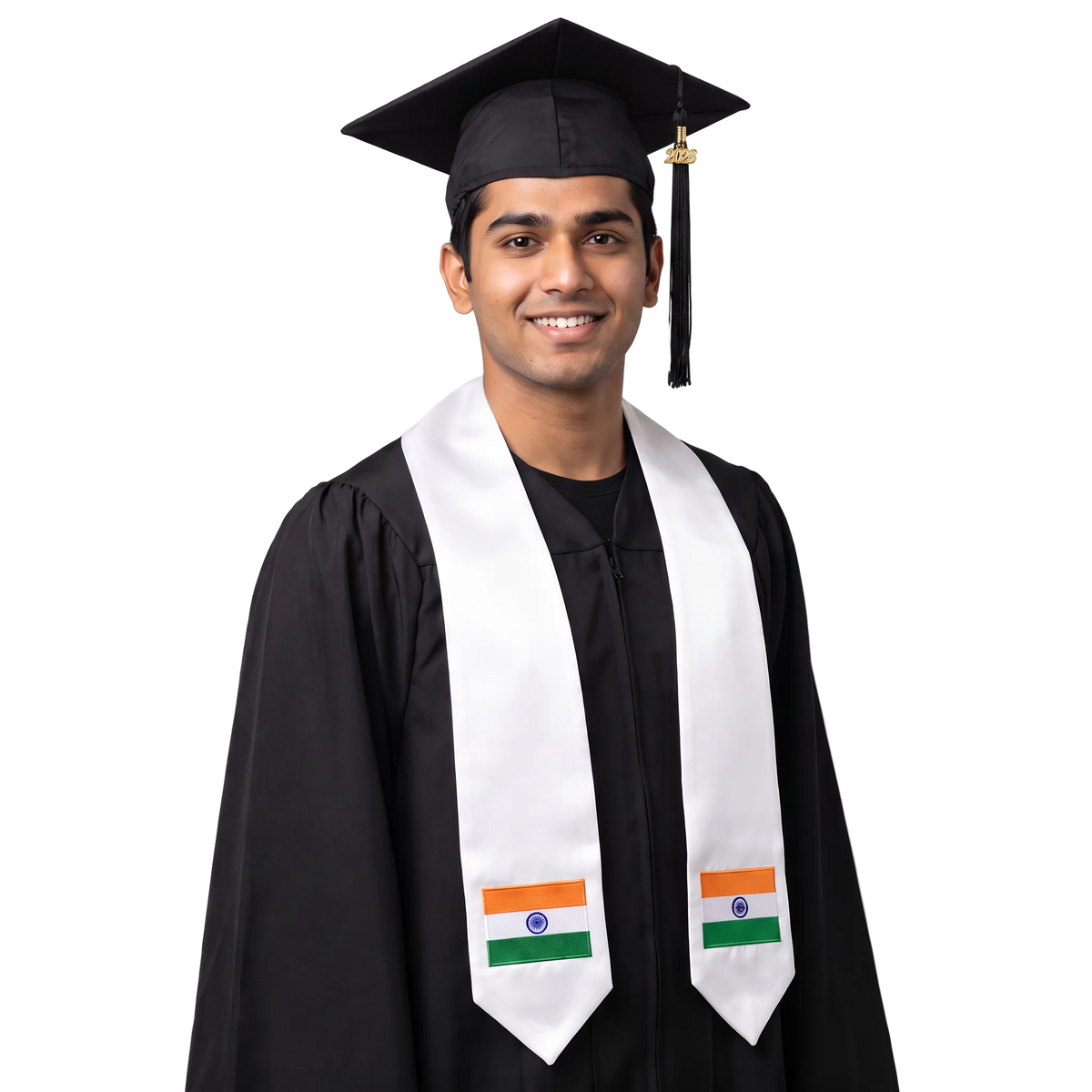 India embroidered flag patch graduation stole, Indian flag patch sash worn over a graduation gown
