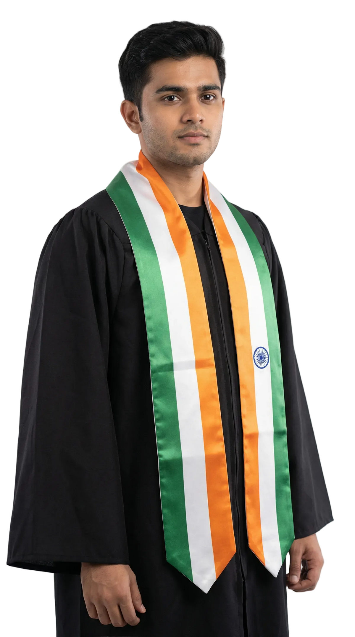 India graduation stole with Indian flag design, graduation sash worn over a graduation gown