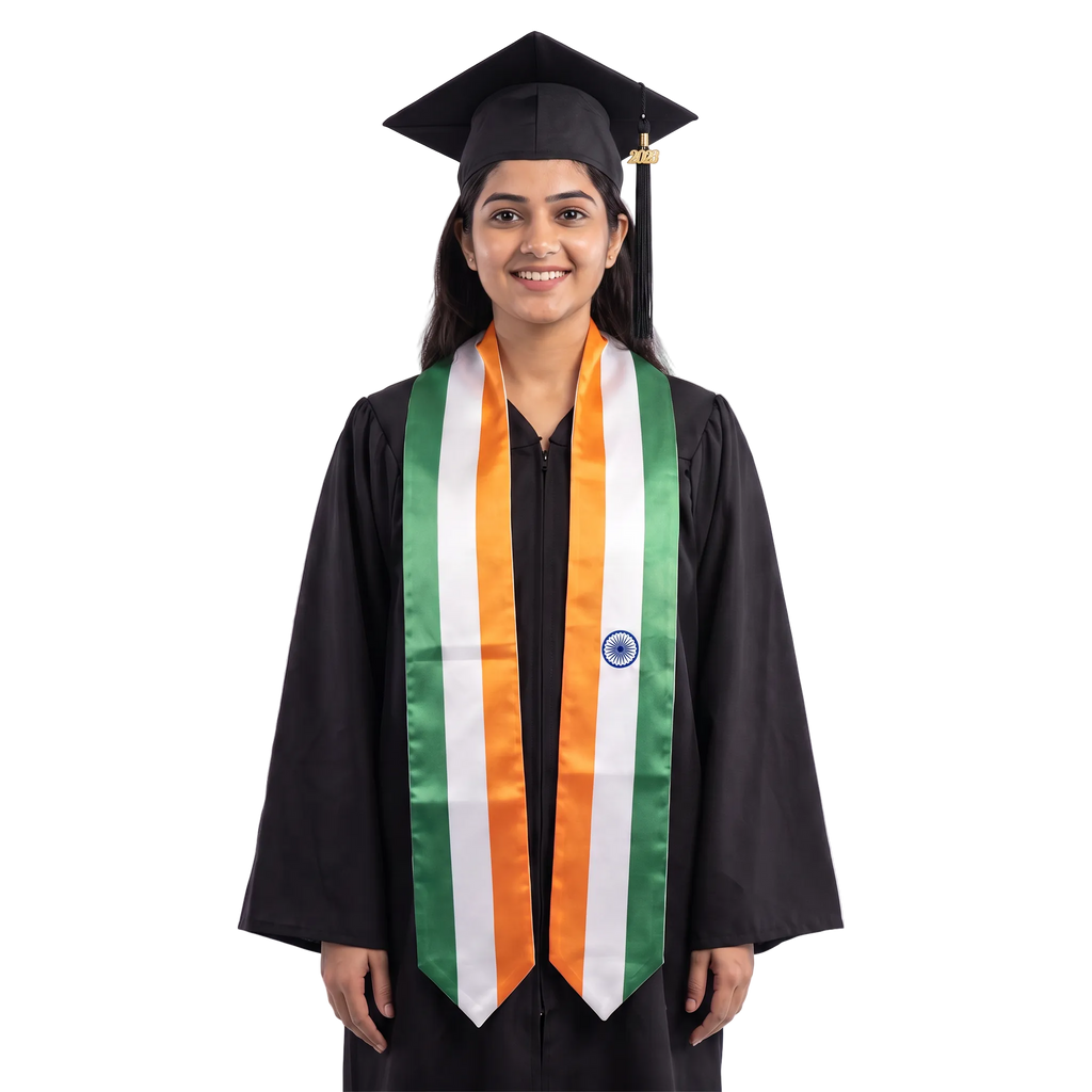 India flag graduation stole with saffron, white, and green vertical stripes, a navy blue Ashoka Chakra on one side, and pointed ends.
