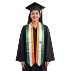 India flag graduation stole with saffron, white, and green vertical stripes, a navy blue Ashoka Chakra on one side, and pointed ends.
