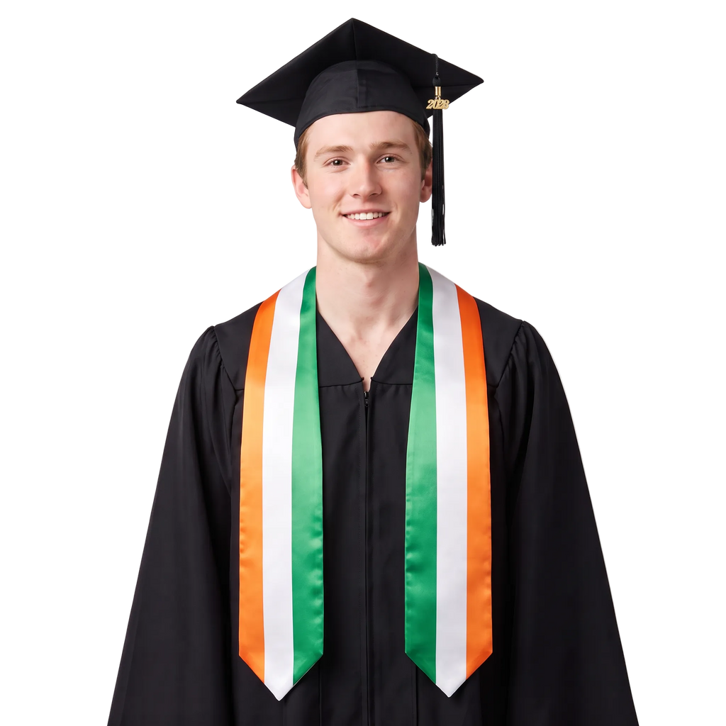 Ireland graduation stole with Irish flag design, graduation sash worn over a graduation gown