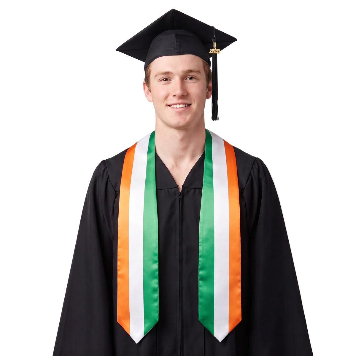 Ireland graduation stole with Irish flag design, graduation sash worn over a graduation gown