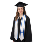 Israel graduation stole with Israeli flag design, graduation sash worn over a graduation gown