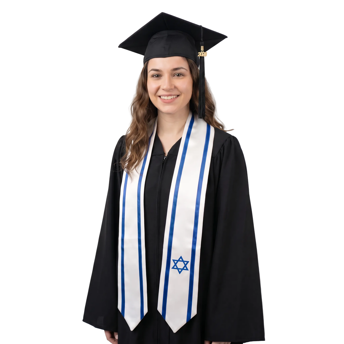 Israel graduation stole with Israeli flag design, graduation sash worn over a graduation gown