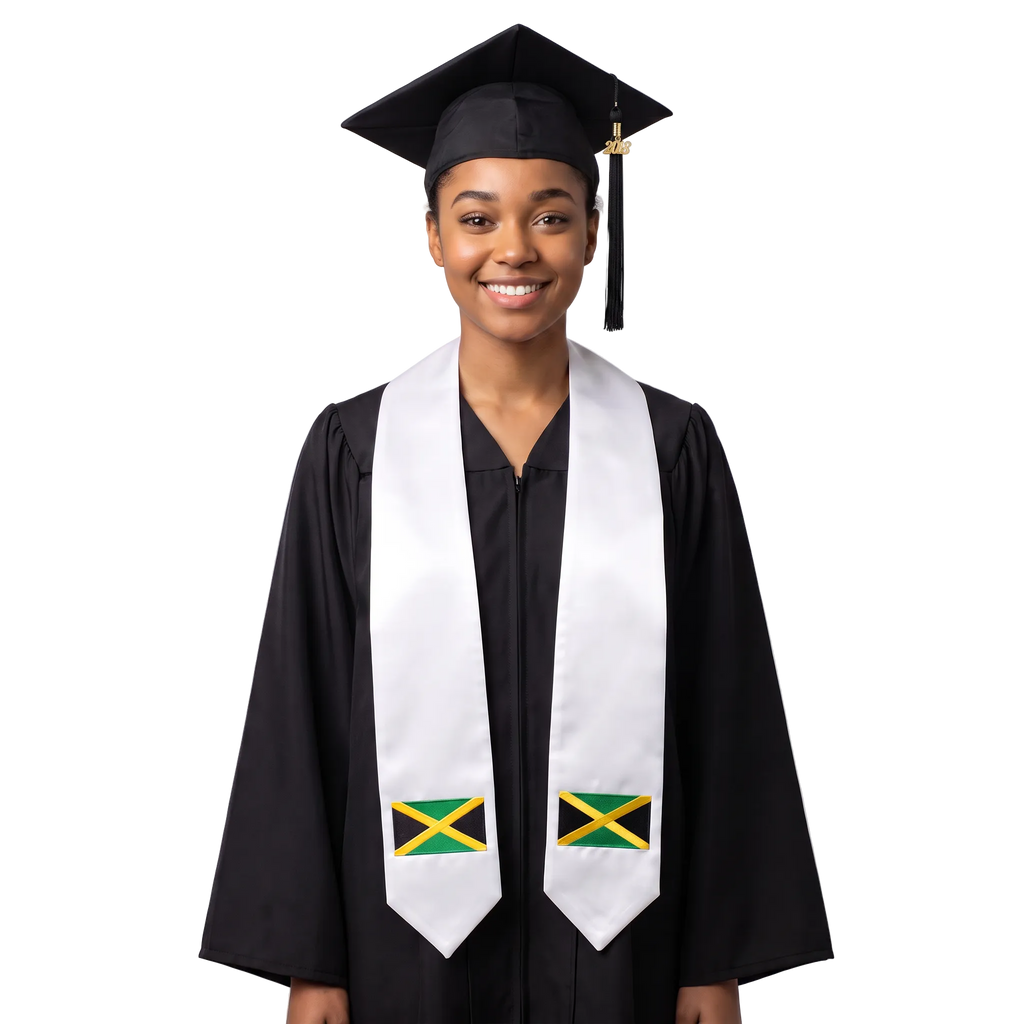 Jamaica embroidered flag patch graduation stole, Jamaican flag patch sash worn over a graduation gown