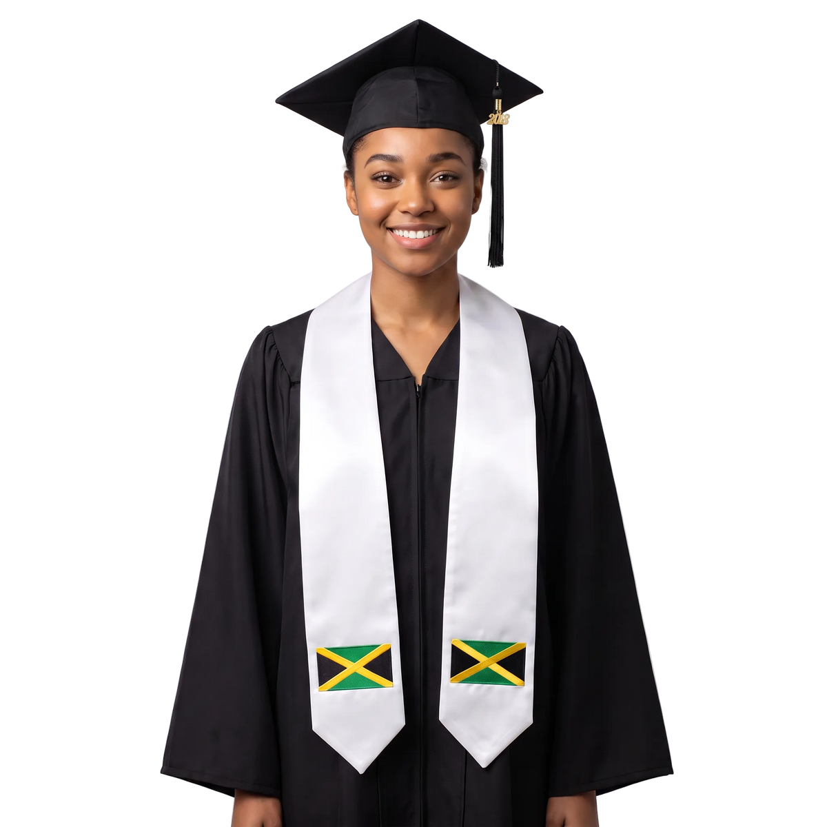 Jamaica embroidered flag patch graduation stole, Jamaican flag patch sash worn over a graduation gown