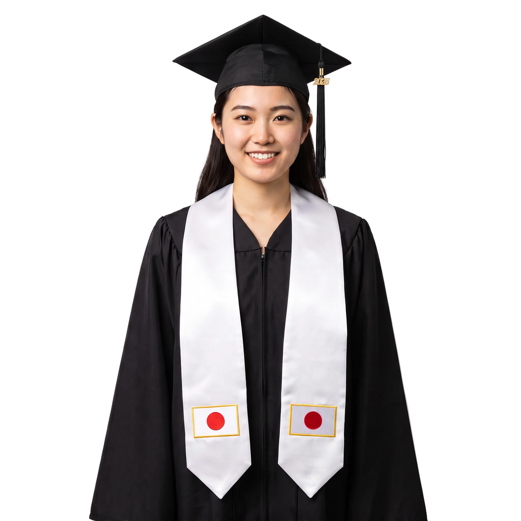 Japan embroidered flag patch graduation stole, Japanese flag patch sash worn over a graduation gown